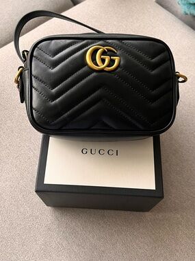 Gucci GG Marmont Black Matelassé Camera Bag, Gold Hardware, Authentic
